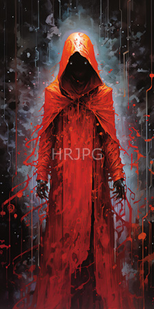 High Resolution: Ominous figure in vivid red hooded cloak standing against dark background download. | HRJPG.com