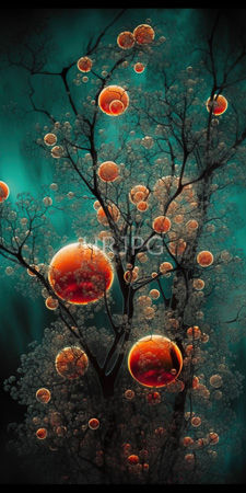 High Resolution: Abstract surreal tree with dark branches adorned by numerous glowing orange and red spheres download. | HRJPG.com