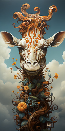High Resolution: Anthropomorphic giraffe with swirling curly brown and orange hair its neck transforms into intricate vines download. | HRJPG.com