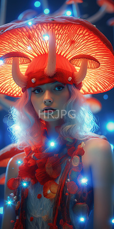 High Resolution: Ethereal pale-skinned woman with wavy white hair wearing a red mushroom hat download. | HRJPG.com