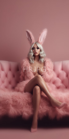 High Resolution: Attractive fair-skinned woman with platinum blonde hair and bunny ears sitting on a pink tufted couch download. | HRJPG.com
