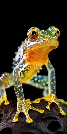 High Resolution: Orange and green tree frog with large vivid red-orange eyes perched on dark brown textured bark download. | HRJPG.com