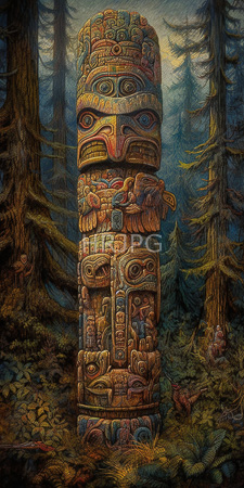 High Resolution: Detailed colorful intricately carved totem pole standing in a dense forest download. | HRJPG.com