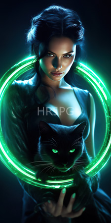 High Resolution: Attractive woman with dark blue hair wearing black leather holding a sleek black cat download. | HRJPG.com