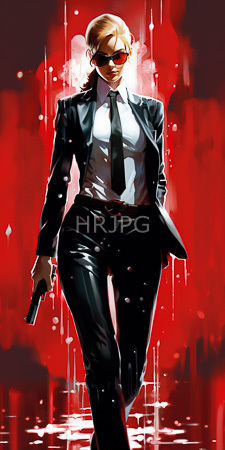 High Resolution: Attractive blonde woman with slicked-back hair and red sunglasses walking against a vivid crimson background download. | HRJPG.com