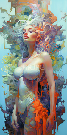 High Resolution: Ethereal pale-skinned woman with flowing white hair wearing a strapless form-fitting bodysuit download. | HRJPG.com
