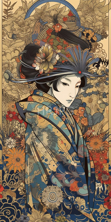 High Resolution: Serene young woman with pale skin and closed eyes wearing elaborate floral-patterned kimonos download. | HRJPG.com