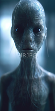 High Resolution: Eerie close-up alien-like humanoid with translucent skin and visible veins download. | HRJPG.com