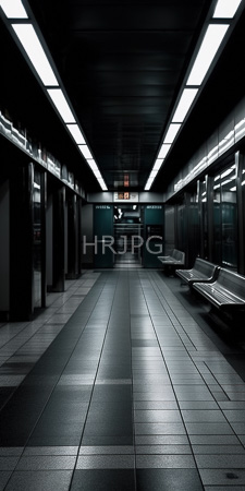 High Resolution: Empty dim-lit subway station with dark tiled floor and fluorescent ceiling lights download. | HRJPG.com