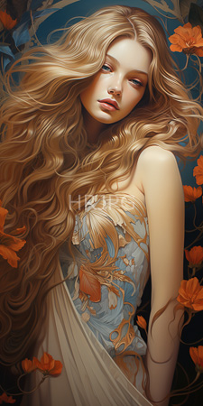 High Resolution: Ethereal fair-skinned woman with long wavy blonde hair wearing a flowing dress adorned in floral patterns download. | HRJPG.com