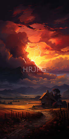 High Resolution: Intense sunset over rolling hills featuring dramatic red and orange clouds with lightning download. | HRJPG.com