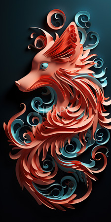 High Resolution: Abstract stylized fox with flowing red and turquoise feather-like textures download. | HRJPG.com