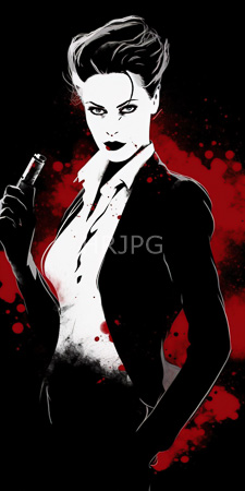 High Resolution: Intense pale-skinned woman with dark slicked-back hair holding a glass bottle download. | HRJPG.com