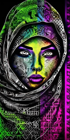 High Resolution: African woman with vibrant multicolored face wearing an intricate patterned hijab download. | HRJPG.com