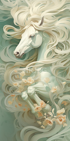 High Resolution: Ethereal white horse with flowing wavy mane and tail blending into a pastel green background download. | HRJPG.com