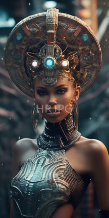 High Resolution: Attractive dark-skinned woman with futuristic cyberpunk aesthetics in metallic armor and intricate headgear download. | HRJPG.com