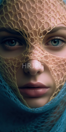 High Resolution: Ethereal close-up portrait of a young woman wearing an intricate golden fishnet mask download. | HRJPG.com