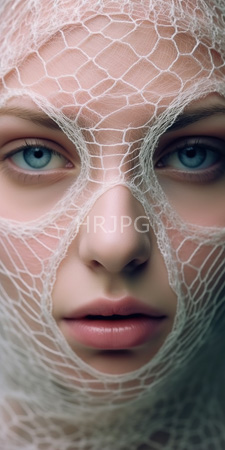 High Resolution: Ethereal close-up portrait of a young woman with striking blue eyes wearing a delicate white fishnet mask download. | HRJPG.com