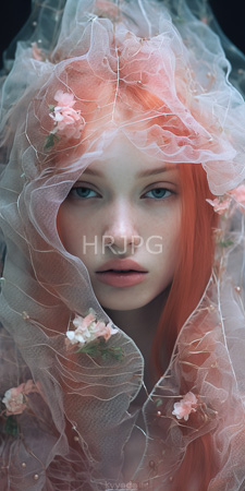 High Resolution: Ethereal young woman with vibrant orange-red hair partially obscured by translucent white fabric download. | HRJPG.com