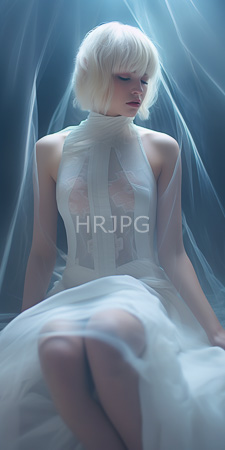 High Resolution: Ethereal pale-skinned woman with short platinum blonde hair sitting in soft blue light download. | HRJPG.com