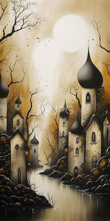 High Resolution: Mystical village with tall stone towers featuring conical roofs along a serene riverbank download. | HRJPG.com