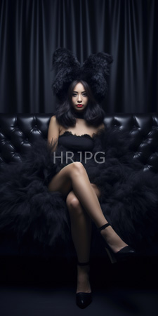 High Resolution: Asian woman with long black hair wearing a dramatic feathered headpiece and strapless feathered dress download. | HRJPG.com