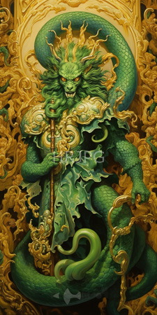 High Resolution: Anthropomorphic green dragon with intricate scales and a fiery mane holding an ornate golden staff download. | HRJPG.com
