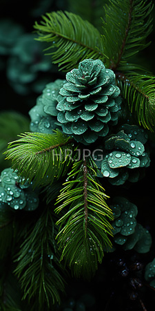 High Resolution: Lush green pine tree branches with layered scales and needles covered in glistening water droplets download. | HRJPG.com