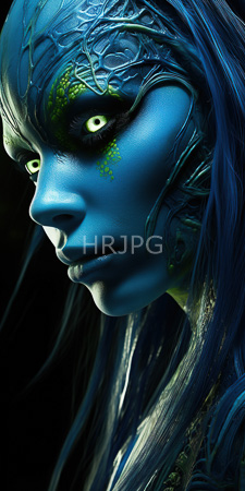 High Resolution: Ethereal blue-skinned woman with glowing green eyes and intricate hair-like patterns on her face download. | HRJPG.com