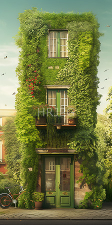 High Resolution: Enchanting three-story building completely covered in lush greenery and vines with blooming red flowers download. | HRJPG.com