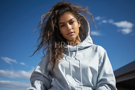 High Resolution: Attractive young woman with long curly brown hair in a high ponytail wearing a light blue hooded jacket download. | HRJPG.com