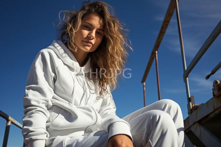 High Resolution: Young woman with wavy blonde hair sitting outdoors in white hoodie and pants against clear blue sky download. | HRJPG.com
