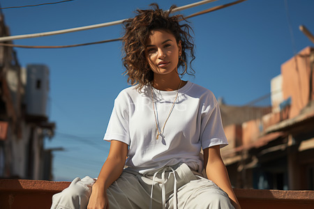 High Resolution: Attractive young woman with curly dark brown hair sitting on a rooftop wearing a loose white t-shirt download. | HRJPG.com