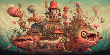 High Resolution: Intricate surreal whimsical fantasy city composed of bizarre creatures and structures in vibrant pink hues download. | HRJPG.com