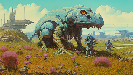 High Resolution: Enormous blue-scaled robotic dinosaur with yellow eyes standing in a grassy field filled with pink flowers download. | HRJPG.com