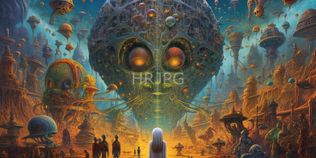 High Resolution: Alien cityscape with intricate floating structures and large mechanical creatures in warm orange-brown hues download. | HRJPG.com