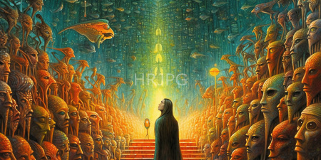 High Resolution: Ethereal surreal scene with a hooded figure standing on red steps facing upward towards glowing green light download. | HRJPG.com