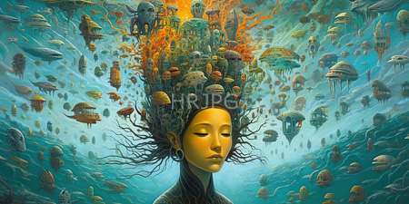 High Resolution: Ethereal yellow-skinned woman with black tree-like hair flowing into space filled with colorful alien cities download. | HRJPG.com
