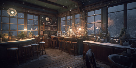 High Resolution: Atmospheric snow-covered wooden kitchen at dusk with large windows revealing snowy trees outside download. | HRJPG.com