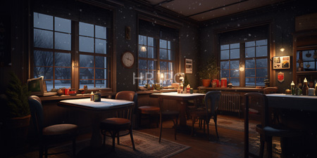 High Resolution: Intimate dim-lit café room during twilight with snowfall outside large windows download. | HRJPG.com