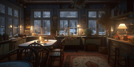 High Resolution: Atmospheric dim-lit kitchen at dusk with large windows showing snow-covered trees outside download. | HRJPG.com