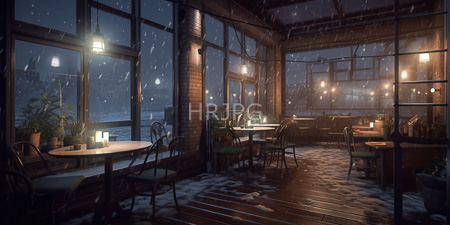 High Resolution: Empty snow-covered greenhouse café at night with large windows showing falling snow outside download. | HRJPG.com