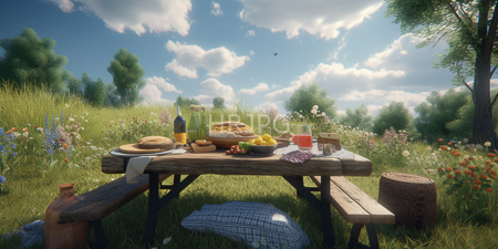 High Resolution: Outdoor picnic on sunny day featuring wooden table with bread loaf fruit bowl wine and orange juice download. | HRJPG.com