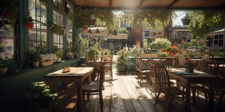 High Resolution: Enchanting sunlit greenhouse café with wooden tables and chairs surrounded by lush green plants download. | HRJPG.com