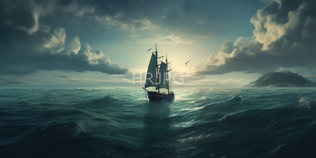 High Resolution: Old-fashioned sailing ship with tall masts navigating through dark teal ocean waves under dramatic cloudy skies download. | HRJPG.com