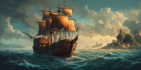 High Resolution: Old wooden sailing ship with billowing orange sails navigating choppy waters under dramatic clouds download. | HRJPG.com