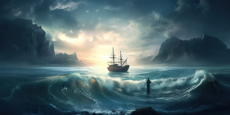 High Resolution: Epic seascape at sunset featuring towering waves and a distant ship with sails raised download. | HRJPG.com