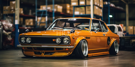 High Resolution: Orange vintage muscle car with dual round headlights parked in a dim industrial warehouse download. | HRJPG.com