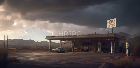 High Resolution: Old weathered gas station under dramatic cloudy skies at sunset in a desert landscape download. | HRJPG.com