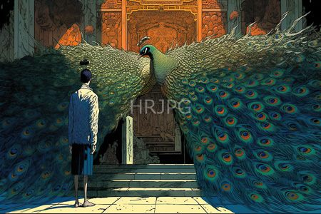 High Resolution: Asian man in traditional attire standing before two majestic peacocks with expansive iridescent tails download. | HRJPG.com